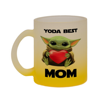 Yoda Best mom, Κούπα γυάλινη δίχρωμη με βάση το κίτρινο ματ, 330ml