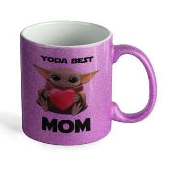 Yoda Best mom, Κούπα Μωβ Glitter που γυαλίζει, κεραμική, 330ml