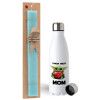 Easter Set, metallic stainless steel water bottle (750ml) & aromatic flat Easter candle (30cm) (TURQUOISE)