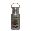 Stainless steel metallic thermos flask, silver with a bamboo lid, double-walled, 350ml.