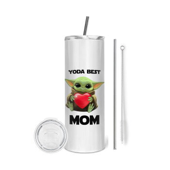 Yoda Best mom, Eco friendly ποτήρι θερμό (tumbler) από ανοξείδωτο ατσάλι 600ml, με μεταλλικό καλαμάκι & βούρτσα καθαρισμού