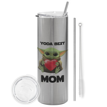 Yoda Best mom, Eco friendly ποτήρι θερμό Ασημένιο (tumbler) από ανοξείδωτο ατσάλι 600ml, με μεταλλικό καλαμάκι & βούρτσα καθαρισμού