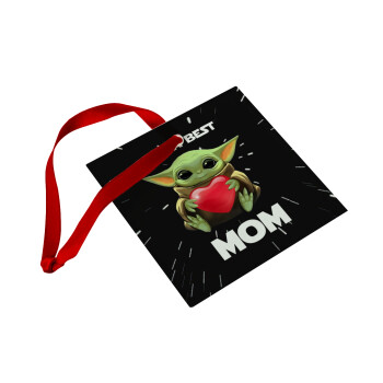 Yoda Best mom, Χριστουγεννιάτικο στολίδι γυάλινο τετράγωνο 9x9cm