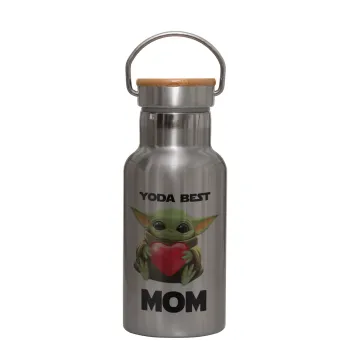Yoda Best mom, Μεταλλικό παγούρι θερμός (Stainless steel) Ασημένιο με ξύλινο καπακι (bamboo), διπλού τοιχώματος, 350ml