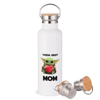 Yoda Best mom, Stainless steel White with wooden lid (bamboo), double wall, 750ml