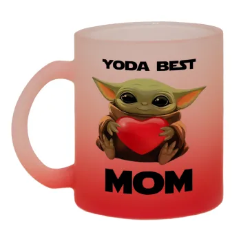 Yoda Best mom, Κούπα γυάλινη δίχρωμη με βάση το κόκκινο ματ, 330ml