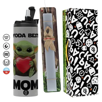 Yoda Best mom, Πασχαλινή Λαμπάδα με Travel Tumbler θερμό (600ml, BPA free) & κερί αρωματικό πλακέ (30cm) (ΓΚΡΙ)