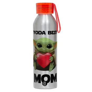 Yoda Best mom, Αλουμινένιο Αθλητικό Μπουκάλι 650ml – Ασημί με Κόκκινο Καπάκι και Λουράκι Σιλικόνης