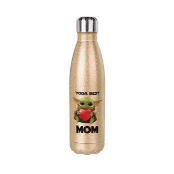 Yoda Best mom, Μεταλλικό παγούρι θερμός Glitter χρυσό (Stainless steel), διπλού τοιχώματος, 500ml