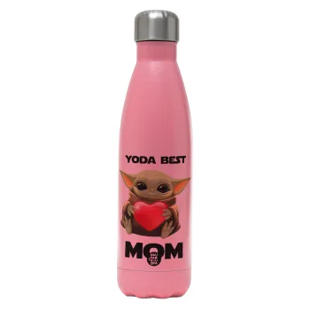 Yoda Best mom, Μεταλλικό παγούρι θερμός Ροζ Ματ (Stainless steel), διπλού τοιχώματος, 500ml