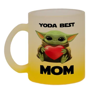 Yoda Best mom, Κούπα γυάλινη δίχρωμη με βάση το κίτρινο ματ, 330ml