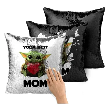 Yoda Best mom, Μαξιλάρι καναπέ Μαγικό Μαύρο με πούλιες 40x40cm περιέχεται το γέμισμα