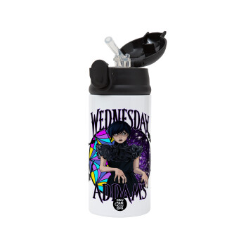 Wednesday Jenna Ortega, Παιδικό παγούρι θερμό, ανοξείδωτο, με καλαμάκι ασφαλείας, Μαύρο (360ml) BPA-FREE