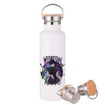 Wednesday Jenna Ortega, Stainless steel White with wooden lid (bamboo), double wall, 750ml
