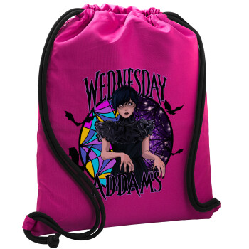 Wednesday Jenna Ortega, Backpack pouch GYMBAG Fuchsia, with pocket (40x48cm) & thick cords
