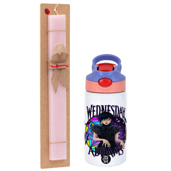 Wednesday Jenna Ortega, Easter Set, Children's thermal stainless steel water bottle with safety straw, pink/purple (350ml) & Easter scented flat candle (30cm) (PINK)
