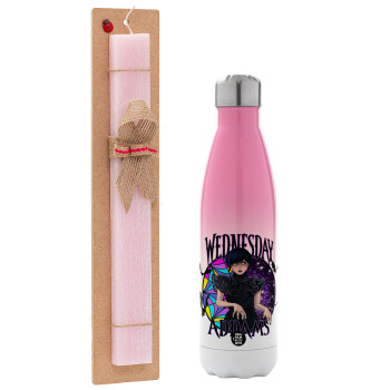 Wednesday Jenna Ortega, Easter Set, Metallic pink/white (Stainless steel) thermos, double-walled, 500ml & aromatic flat Easter candle (30cm) (PINK)