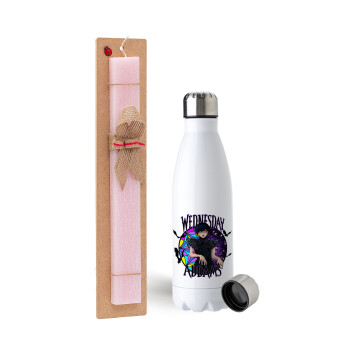 Wednesday Jenna Ortega, Easter Set, metallic stainless steel water bottle (750ml) & scented flat Easter candle (30cm) (PINK)