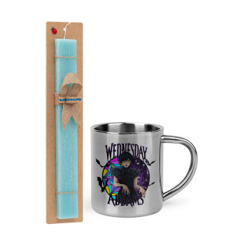 Wednesday Jenna Ortega, Easter Set, metallic thermal cup (300ml) & aromatic flat Easter candle (30cm) (TURQUOISE)