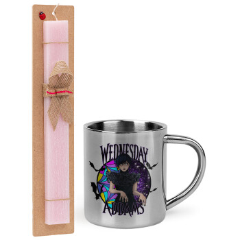 Wednesday Jenna Ortega, Easter Set, metallic thermal cup (300ml) & aromatic flat Easter candle (30cm) (PINK)