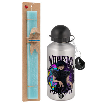 Wednesday Jenna Ortega, Easter Set, metallic silver aluminum water bottle (500ml) & scented flat Easter candle (30cm) (TURQUOISE)