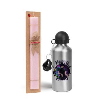 Wednesday Jenna Ortega, Easter Set, metallic Silver aluminum water bottle (500ml) & scented flat Easter candle (30cm) (PINK)