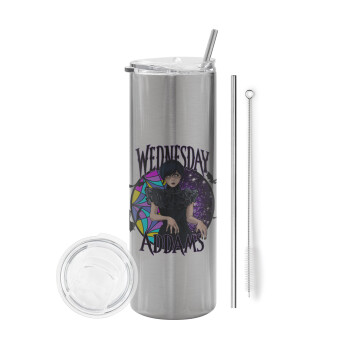 Wednesday Jenna Ortega, Eco friendly stainless steel Silver tumbler 600ml, with metal straw & cleaning brush