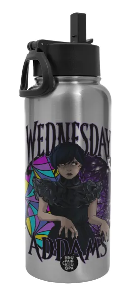 Wednesday Jenna Ortega — Metal mug thermo Silver with Straw and Spout Lid (Stainless steel), double wall, 950ml