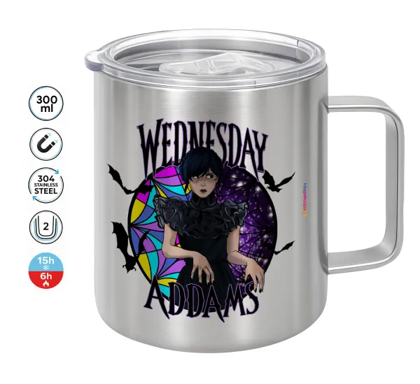 Wednesday Jenna Ortega — Double-walled stainless steel mug 300ml with temperature-retaining lid