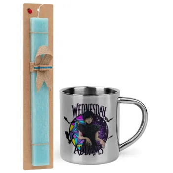 Wednesday Jenna Ortega, Easter Set, metallic thermal cup (300ml) & aromatic flat Easter candle (30cm) (TURQUOISE)