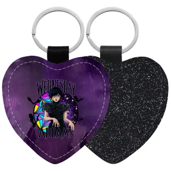 Wednesday Jenna Ortega, Μπρελόκ PU δερμάτινο glitter καρδιά ΜΑΥΡΟ