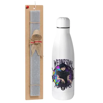 Wednesday Jenna Ortega, Easter Set, metallic stainless thermos bottle (500ml) & scented flat Easter candle (30cm) (GRAY)