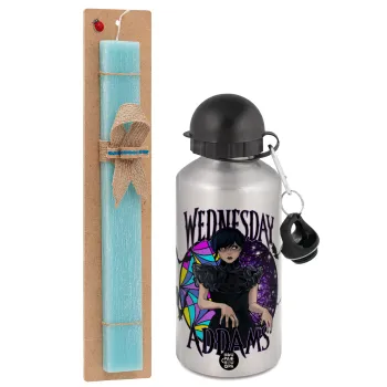 Wednesday Jenna Ortega, Easter Set, metallic silver aluminum water bottle (500ml) & scented flat Easter candle (30cm) (TURQUOISE)