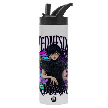 Wednesday Jenna Ortega, Μεταλλικό παγούρι θερμός με καλαμάκι & χειρολαβή, ανοξείδωτο ατσάλι (Stainless steel 304), διπλού τοιχώματος, 600ml