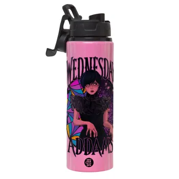 Wednesday Jenna Ortega, Μεταλλικό παγούρι νερού με καπάκι ασφαλείας, αλουμινίου 850ml