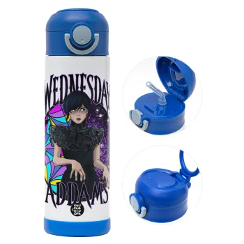 Wednesday Jenna Ortega, Παιδικό παγούρι θερμό, ανοξείδωτο, με καλαμάκι ασφαλείας, ΜΠΛΕ (500ml)