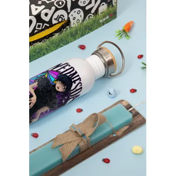 Wednesday Jenna Ortega, Πασχαλινή Λαμπάδα με παγούρι μεταλλικό (620ml, stainless steel) & κερί αρωματικό πλακέ (30cm) (ΤΙΡΚΟΥΑΖ)