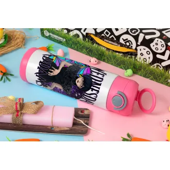 Wednesday Jenna Ortega, Easter candle, Childrens hot water bottle, stainless steel, with safety straw, PINK (500ml)