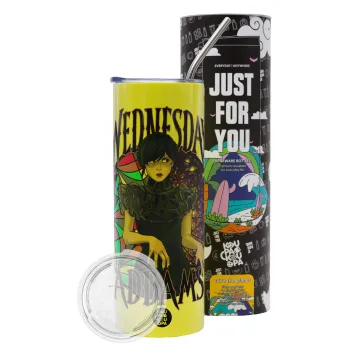 Wednesday Jenna Ortega, Neon Yellow Travel Tumbler θερμό, μεταλλικό καλαμάκι(Ανωξείδωτο 304 Food grade, BPA free, 600ml)