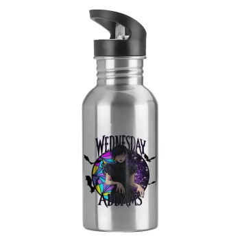 Wednesday Jenna Ortega, Παγούρι νερού Ασημένιο με καλαμάκι, ανοξείδωτο ατσάλι 600ml