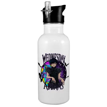 Wednesday Jenna Ortega, White water bottle with straw, stainless steel 600ml