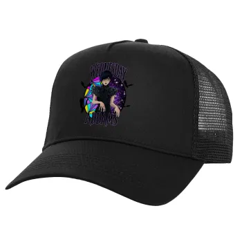 Wednesday Jenna Ortega, Structured Trucker Adult Hat, with Mesh, Black (100% COTTON, ADULT, UNISEX, ONE SIZE)