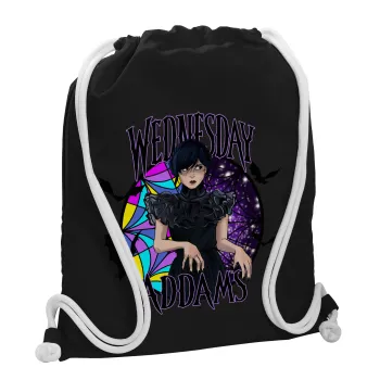 Wednesday Jenna Ortega, Backpack pouch GYMBAG Black, with pocket (40x48cm) & thick white cords