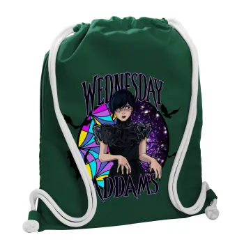 Wednesday Jenna Ortega, Τσάντα πλάτης πουγκί GYMBAG BOTTLE GREEN, με τσέπη (40x48cm) & χονδρά λευκά κορδόνια