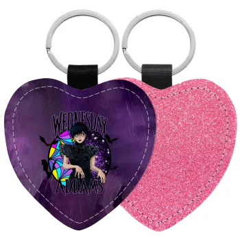 Wednesday Jenna Ortega, Μπρελόκ PU δερμάτινο glitter καρδιά ΡΟΖ