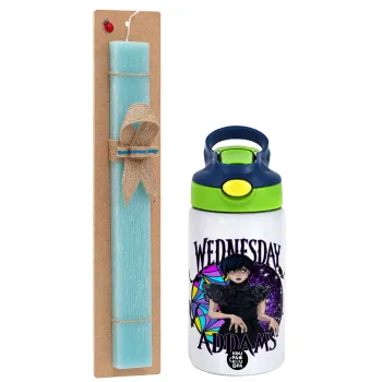Wednesday Jenna Ortega, Easter Set, Children's thermal stainless steel bottle with safety straw, green/blue (350ml) & aromatic flat Easter candle (30cm) (TURQUOISE)