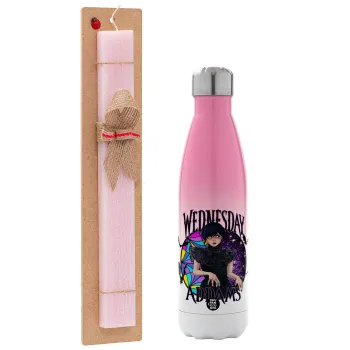 Wednesday Jenna Ortega, Easter Set, Metallic pink/white (Stainless steel) thermos, double-walled, 500ml & aromatic flat Easter candle (30cm) (PINK)