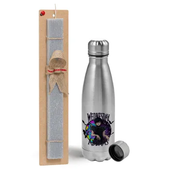 Wednesday Jenna Ortega, Easter Set, metallic Inox water bottle (750ml) & aromatic flat Easter candle (30cm) (GRAY)