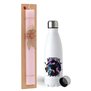 Wednesday Jenna Ortega, Easter Set, metallic stainless steel water bottle (750ml) & scented flat Easter candle (30cm) (PINK)
