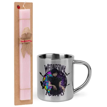 Wednesday Jenna Ortega, Easter Set, metallic thermal cup (300ml) & aromatic flat Easter candle (30cm) (PINK)